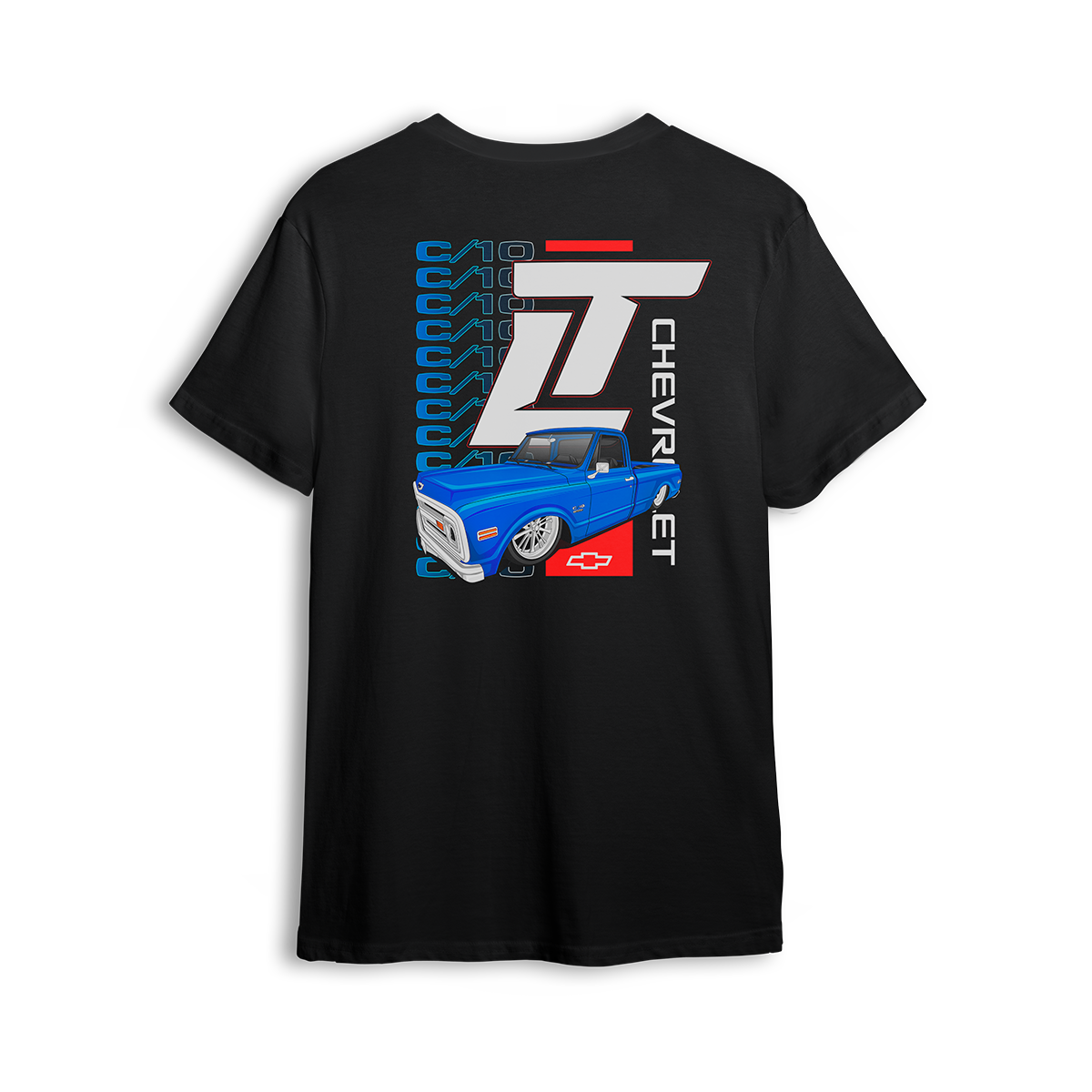 T-shirt featuring a slammed blue Chevy C10 set against a vertical C10 repeat graphic with oversized LT branding. With red, white, and blue accents, the C10 Legacy t-shirt blends throwback style and modern energy for true custom truck fans.