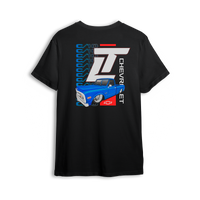 T-shirt featuring a slammed blue Chevy C10 set against a vertical C10 repeat graphic with oversized LT branding. With red, white, and blue accents, the C10 Legacy t-shirt blends throwback style and modern energy for true custom truck fans.