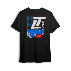 T-shirt featuring a slammed blue Chevy C10 set against a vertical C10 repeat graphic with oversized LT branding. With red, white, and blue accents, the C10 Legacy t-shirt blends throwback style and modern energy for true custom truck fans.