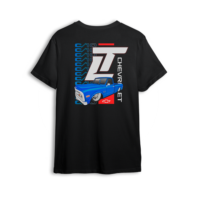 T-shirt featuring a slammed blue Chevy C10 set against a vertical C10 repeat graphic with oversized LT branding. With red, white, and blue accents, the C10 Legacy t-shirt blends throwback style and modern energy for true custom truck fans.
