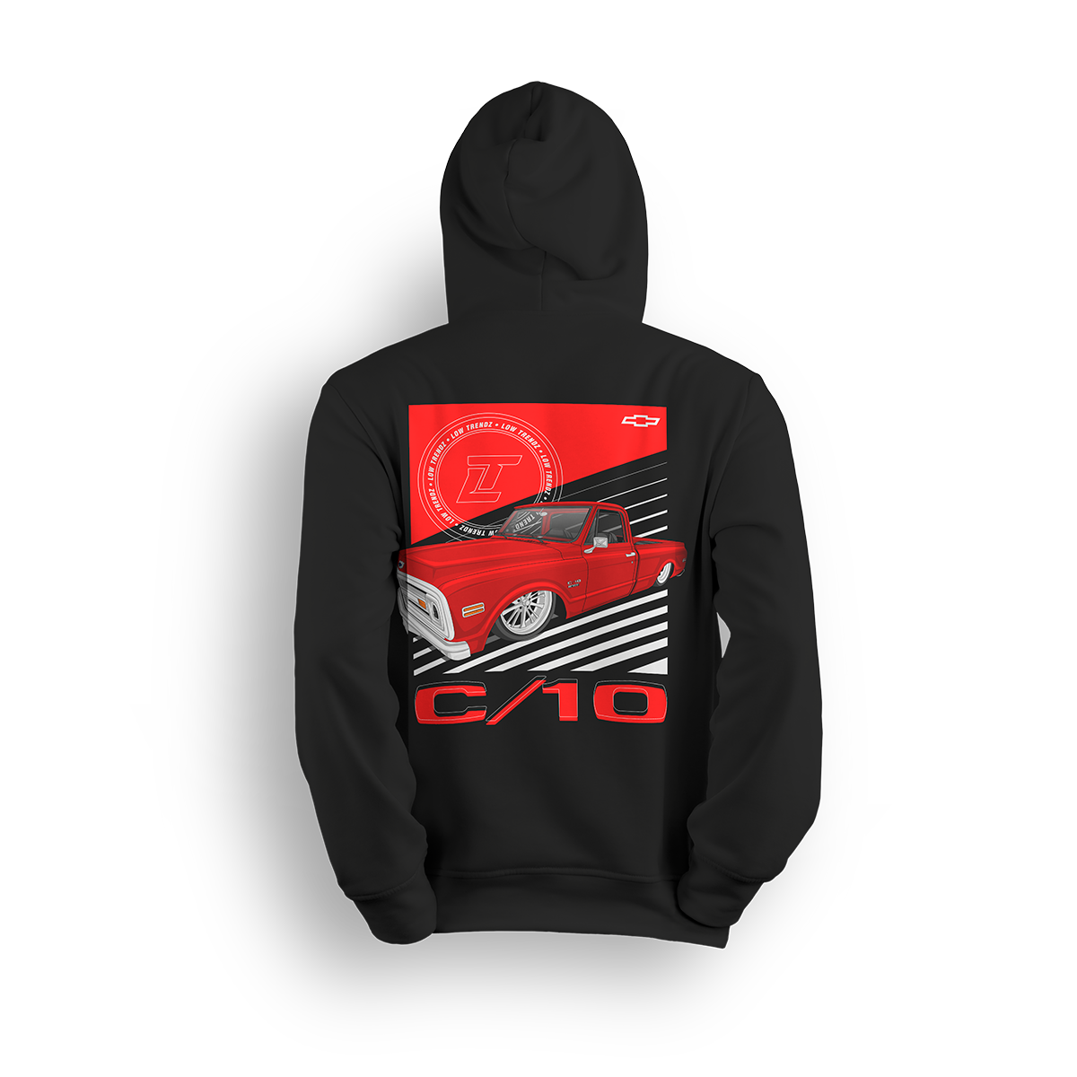 Hoodie featuring a fully slammed red Chevy C10 laid out over bold black-and-white racing stripes. With clean lines and aggressive stance, the Redline C10 hoodie captures street motion and bold custom truck style.