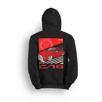 Hoodie featuring a fully slammed red Chevy C10 laid out over bold black-and-white racing stripes. With clean lines and aggressive stance, the Redline C10 hoodie captures street motion and bold custom truck style.