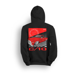 Hoodie featuring a fully slammed red Chevy C10 laid out over bold black-and-white racing stripes. With clean lines and aggressive stance, the Redline C10 hoodie captures street motion and bold custom truck style.