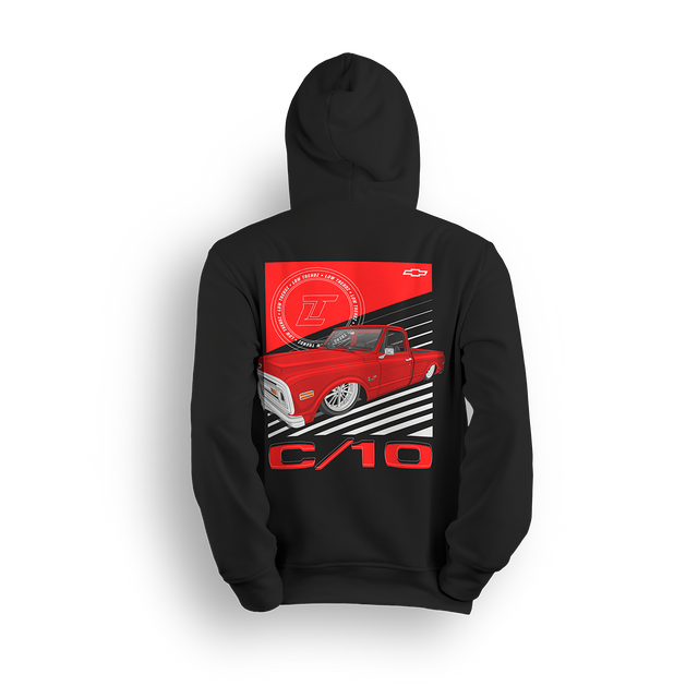 Hoodie featuring a fully slammed red Chevy C10 laid out over bold black-and-white racing stripes. With clean lines and aggressive stance, the Redline C10 hoodie captures street motion and bold custom truck style.