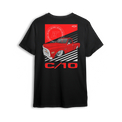 T-shirt featuring a fully slammed red Chevy C10 laid out over bold black-and-white racing stripes. With clean lines and aggressive stance, the Redline C10 t-shirt captures street motion and bold custom truck style.