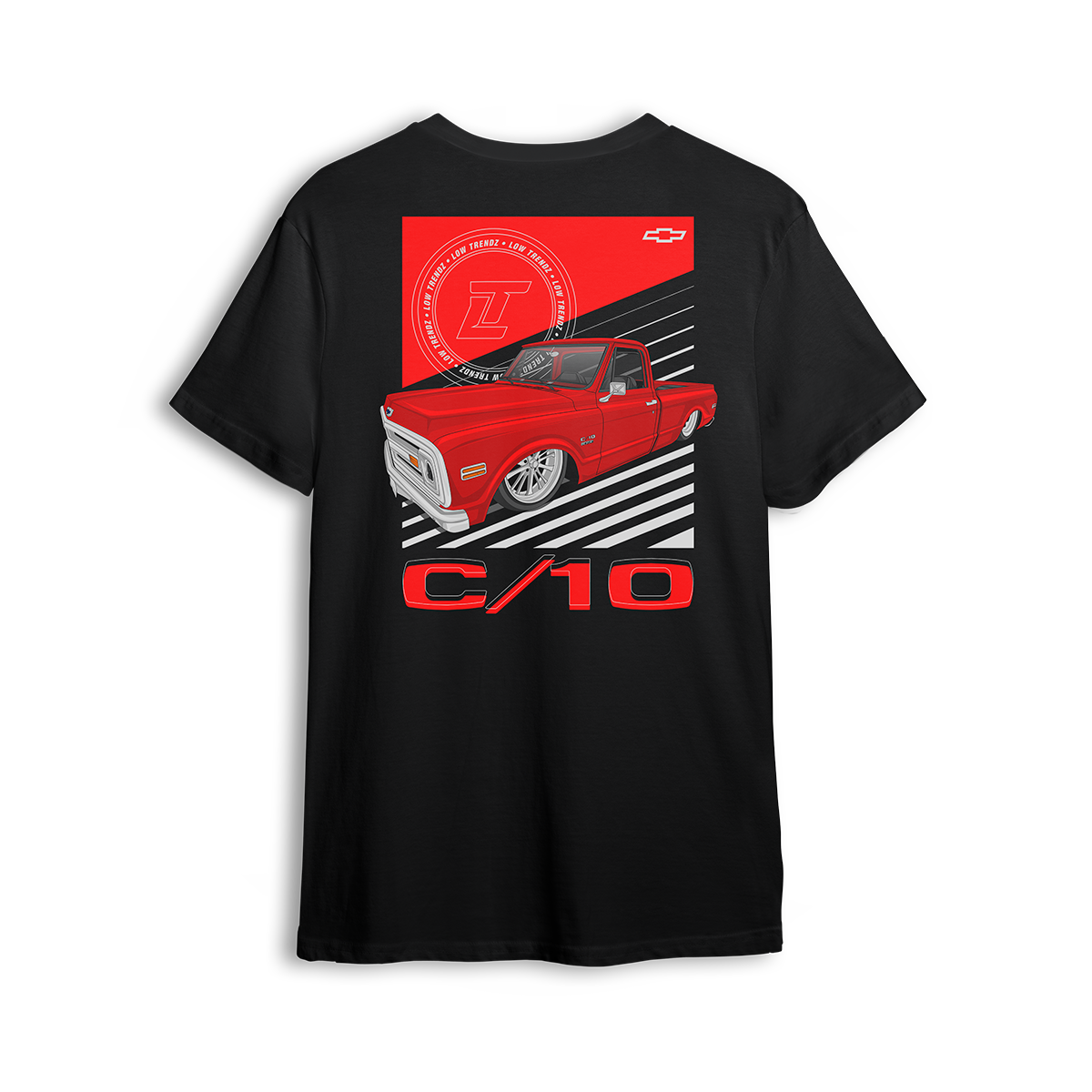 T-shirt featuring a fully slammed red Chevy C10 laid out over bold black-and-white racing stripes. With clean lines and aggressive stance, the Redline C10 t-shirt captures street motion and bold custom truck style.