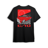 T-shirt featuring a fully slammed red Chevy C10 laid out over bold black-and-white racing stripes. With clean lines and aggressive stance, the Redline C10 t-shirt captures street motion and bold custom truck style.