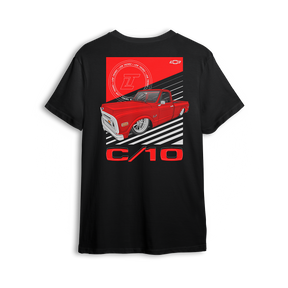 T-shirt featuring a fully slammed red Chevy C10 laid out over bold black-and-white racing stripes. With clean lines and aggressive stance, the Redline C10 t-shirt captures street motion and bold custom truck style.