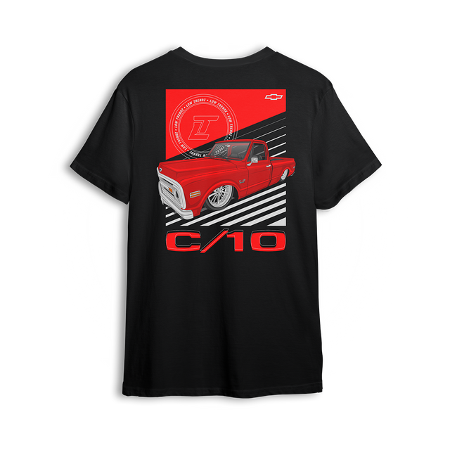 T-shirt featuring a fully slammed red Chevy C10 laid out over bold black-and-white racing stripes. With clean lines and aggressive stance, the Redline C10 t-shirt captures street motion and bold custom truck style.