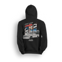 Hoodie featuring a slammed white Chevy C10 squatting low with smoke and torque, backed by racing visuals, nitrous bottles, and checkered flags. The Fast Lane Fever hoodie is built for drag racers and adrenaline junkies chasing speed and chaos.