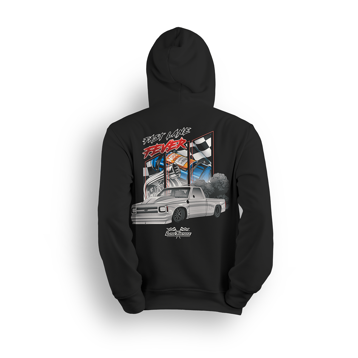 Hoodie featuring a slammed white Chevy C10 squatting low with smoke and torque, backed by racing visuals, nitrous bottles, and checkered flags. The Fast Lane Fever hoodie is built for drag racers and adrenaline junkies chasing speed and chaos.