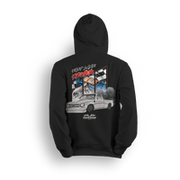 Hoodie featuring a slammed white Chevy C10 squatting low with smoke and torque, backed by racing visuals, nitrous bottles, and checkered flags. The Fast Lane Fever hoodie is built for drag racers and adrenaline junkies chasing speed and chaos.