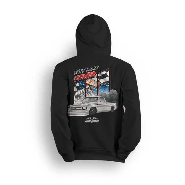 Hoodie featuring a slammed white Chevy C10 squatting low with smoke and torque, backed by racing visuals, nitrous bottles, and checkered flags. The Fast Lane Fever hoodie is built for drag racers and adrenaline junkies chasing speed and chaos.