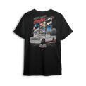 T-shirt featuring a slammed white Chevy C10 squatting low with smoke and torque, backed by racing visuals, nitrous bottles, and checkered flags. The Fast Lane Fever t-shirt is built for drag racers and adrenaline junkies chasing speed and chaos.