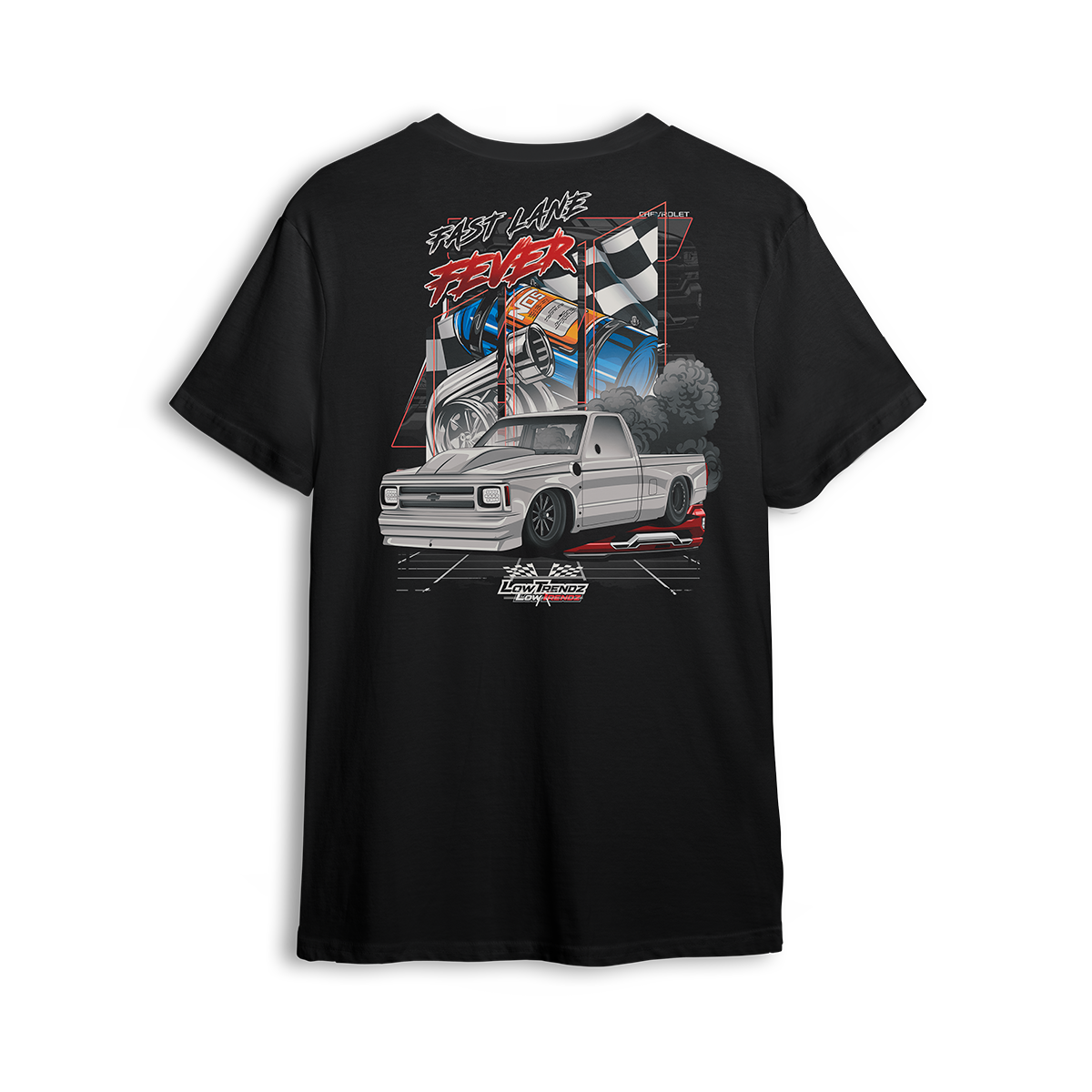 T-shirt featuring a slammed white Chevy C10 squatting low with smoke and torque, backed by racing visuals, nitrous bottles, and checkered flags. The Fast Lane Fever t-shirt is built for drag racers and adrenaline junkies chasing speed and chaos.