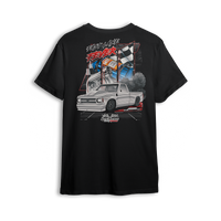 T-shirt featuring a slammed white Chevy C10 squatting low with smoke and torque, backed by racing visuals, nitrous bottles, and checkered flags. The Fast Lane Fever t-shirt is built for drag racers and adrenaline junkies chasing speed and chaos.