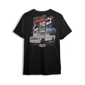 T-shirt featuring a slammed white Chevy C10 squatting low with smoke and torque, backed by racing visuals, nitrous bottles, and checkered flags. The Fast Lane Fever t-shirt is built for drag racers and adrenaline junkies chasing speed and chaos.