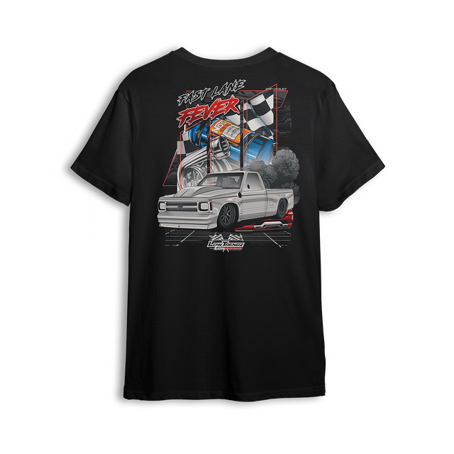 T-shirt featuring a slammed white Chevy C10 squatting low with smoke and torque, backed by racing visuals, nitrous bottles, and checkered flags. The Fast Lane Fever t-shirt is built for drag racers and adrenaline junkies chasing speed and chaos.