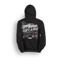 Hoodie featuring a slammed white Ford dually on polished billets alongside a lifted black Super Duty with chrome and red suspension. With bold block graphics and FORD GANG text, this hoodie reps both ends of the Ford truck scene in full style.