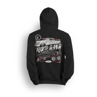Hoodie featuring a slammed white Ford dually on polished billets alongside a lifted black Super Duty with chrome and red suspension. With bold block graphics and FORD GANG text, this hoodie reps both ends of the Ford truck scene in full style.