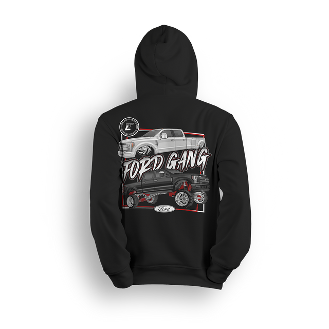 Hoodie featuring a slammed white Ford dually on polished billets alongside a lifted black Super Duty with chrome and red suspension. With bold block graphics and FORD GANG text, this hoodie reps both ends of the Ford truck scene in full style.