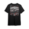 T-shirt featuring a slammed white Ford dually on polished billets alongside a lifted black Super Duty with chrome and red suspension. With bold block graphics and FORD GANG text, this t-shirt reps both ends of the Ford truck scene in full style.