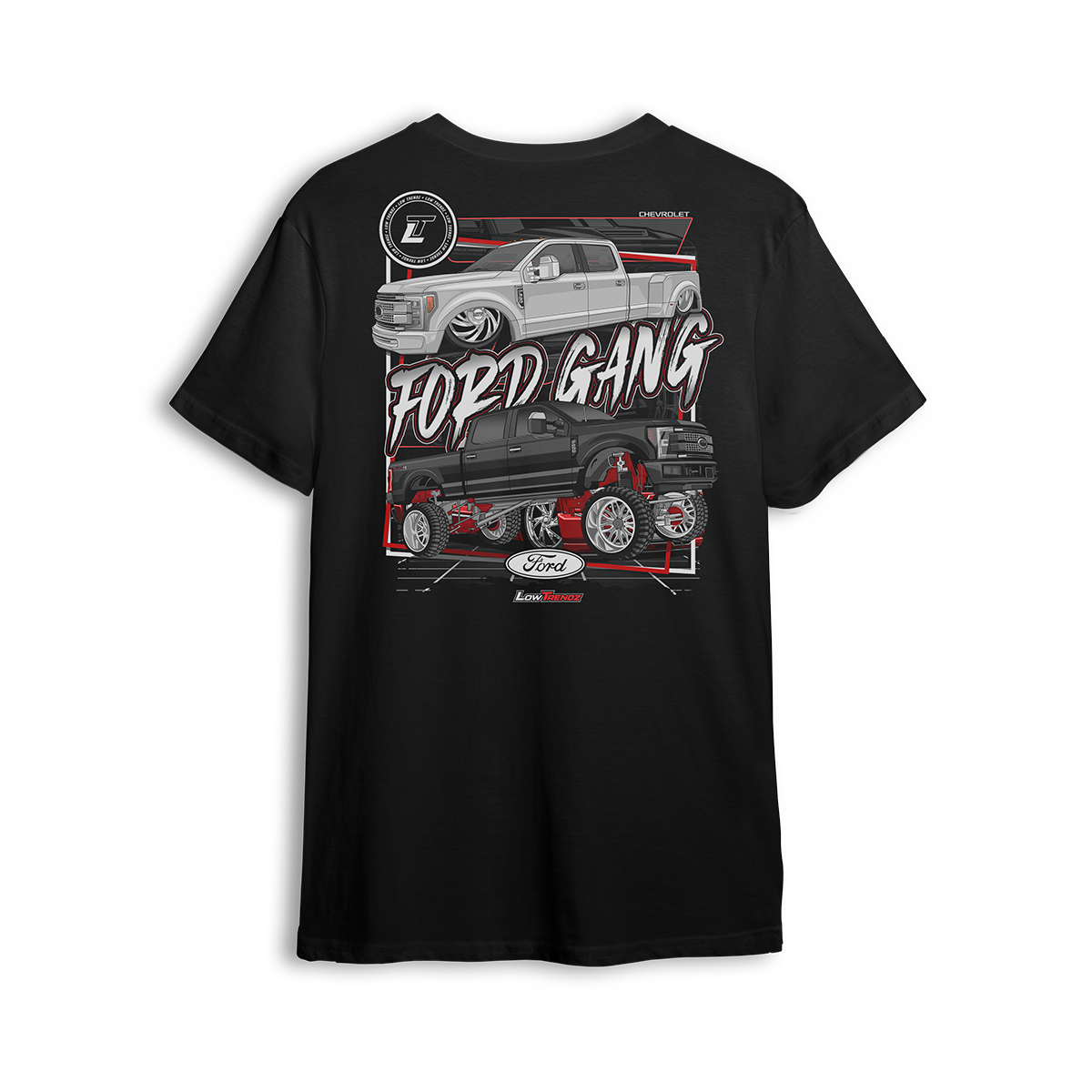 T-shirt featuring a slammed white Ford dually on polished billets alongside a lifted black Super Duty with chrome and red suspension. With bold block graphics and FORD GANG text, this t-shirt reps both ends of the Ford truck scene in full style.