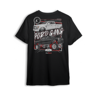 T-shirt featuring a slammed white Ford dually on polished billets alongside a lifted black Super Duty with chrome and red suspension. With bold block graphics and FORD GANG text, this t-shirt reps both ends of the Ford truck scene in full style.
