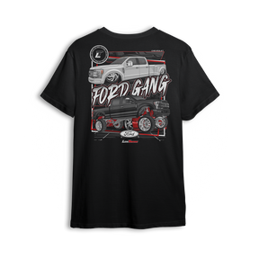 T-shirt featuring a slammed white Ford dually on polished billets alongside a lifted black Super Duty with chrome and red suspension. With bold block graphics and FORD GANG text, this t-shirt reps both ends of the Ford truck scene in full style.