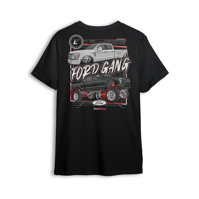 T-shirt featuring a slammed white Ford dually on polished billets alongside a lifted black Super Duty with chrome and red suspension. With bold block graphics and FORD GANG text, this t-shirt reps both ends of the Ford truck scene in full style.