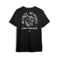 T-shirt featuring a turbo-horned skull wrapped in checkered flags with the bold creed “No Limits. No Regrets.” Printed on black, this t-shirt captures the raw, unapologetic spirit of street builders and late-night wrenches.