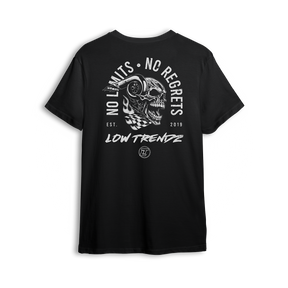 T-shirt featuring a turbo-horned skull wrapped in checkered flags with the bold creed “No Limits. No Regrets.” Printed on black, this t-shirt captures the raw, unapologetic spirit of street builders and late-night wrenches.