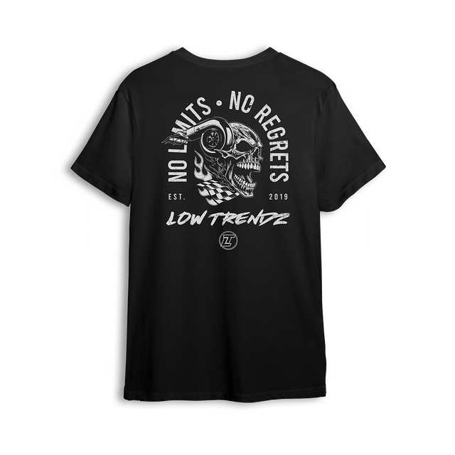T-shirt featuring a turbo-horned skull wrapped in checkered flags with the bold creed “No Limits. No Regrets.” Printed on black, this t-shirt captures the raw, unapologetic spirit of street builders and late-night wrenches.