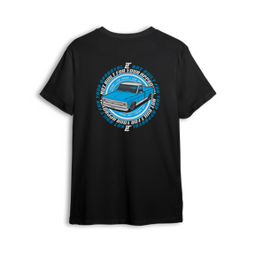 T-shirt featuring a slammed blue  Chevy C10 with bold wraparound text reading “NOT BUILT FOR YOUR APPROVAL.” A statement piece for builders who break the rules and rep their ride their way.