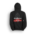 Hoodie featuring a slammed red Chevy truck with silver hot-rod flames down the sides and chrome flames bursting behind an oversized Low Trendz logo. The Flame Drop hoodie brings high-octane energy and bold street presence.