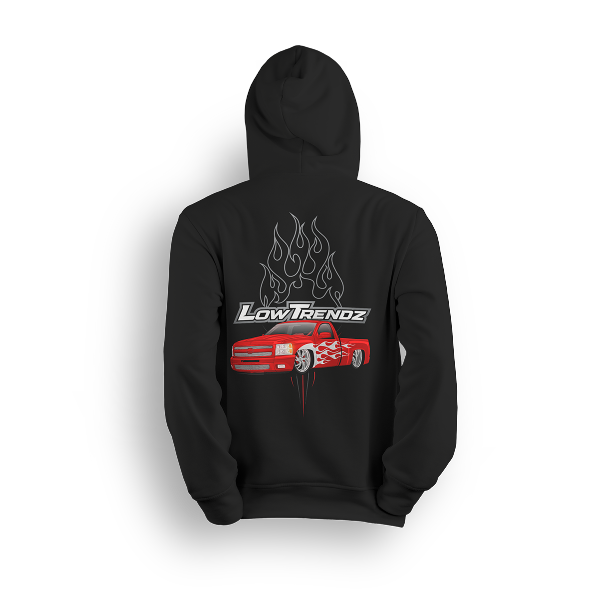 Hoodie featuring a slammed red Chevy truck with silver hot-rod flames down the sides and chrome flames bursting behind an oversized Low Trendz logo. The Flame Drop hoodie brings high-octane energy and bold street presence.