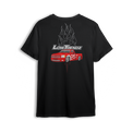 T-shirt featuring a slammed red Chevy truck with silver hot-rod flames down the sides and chrome flames bursting behind an oversized Low Trendz logo. The Flame Drop t-shirt brings high-octane energy and bold street presence.