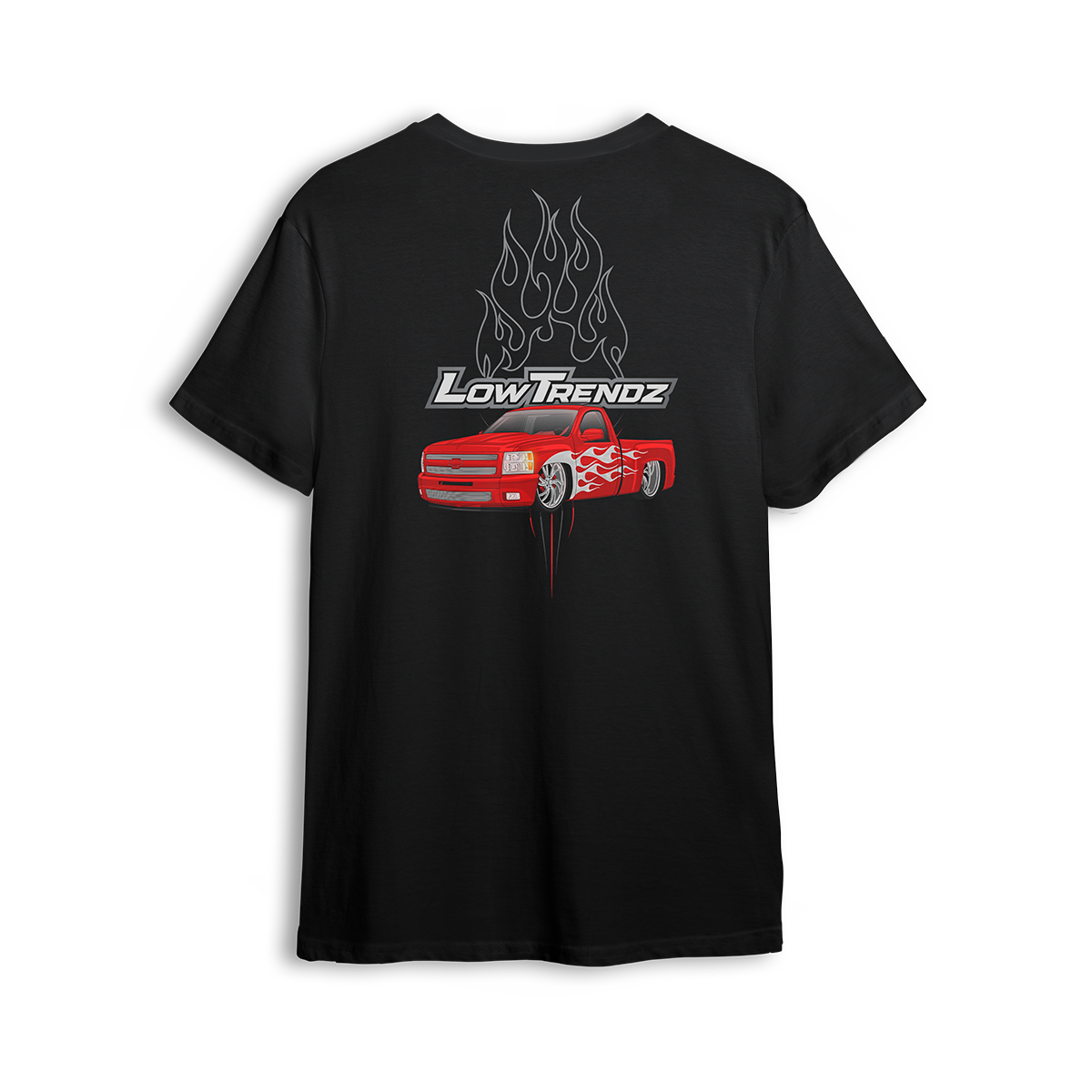 T-shirt featuring a slammed red Chevy truck with silver hot-rod flames down the sides and chrome flames bursting behind an oversized Low Trendz logo. The Flame Drop t-shirt brings high-octane energy and bold street presence.