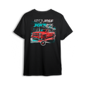 T-shirt featuring a fire-red slammed Chevy with glossy black wheels under city lights, accented by neon strokes and bold urban glow. “Ride in Style or Don’t Ride at All” text up top makes this t-shirt a statement for bold builders and late-night cruisers.