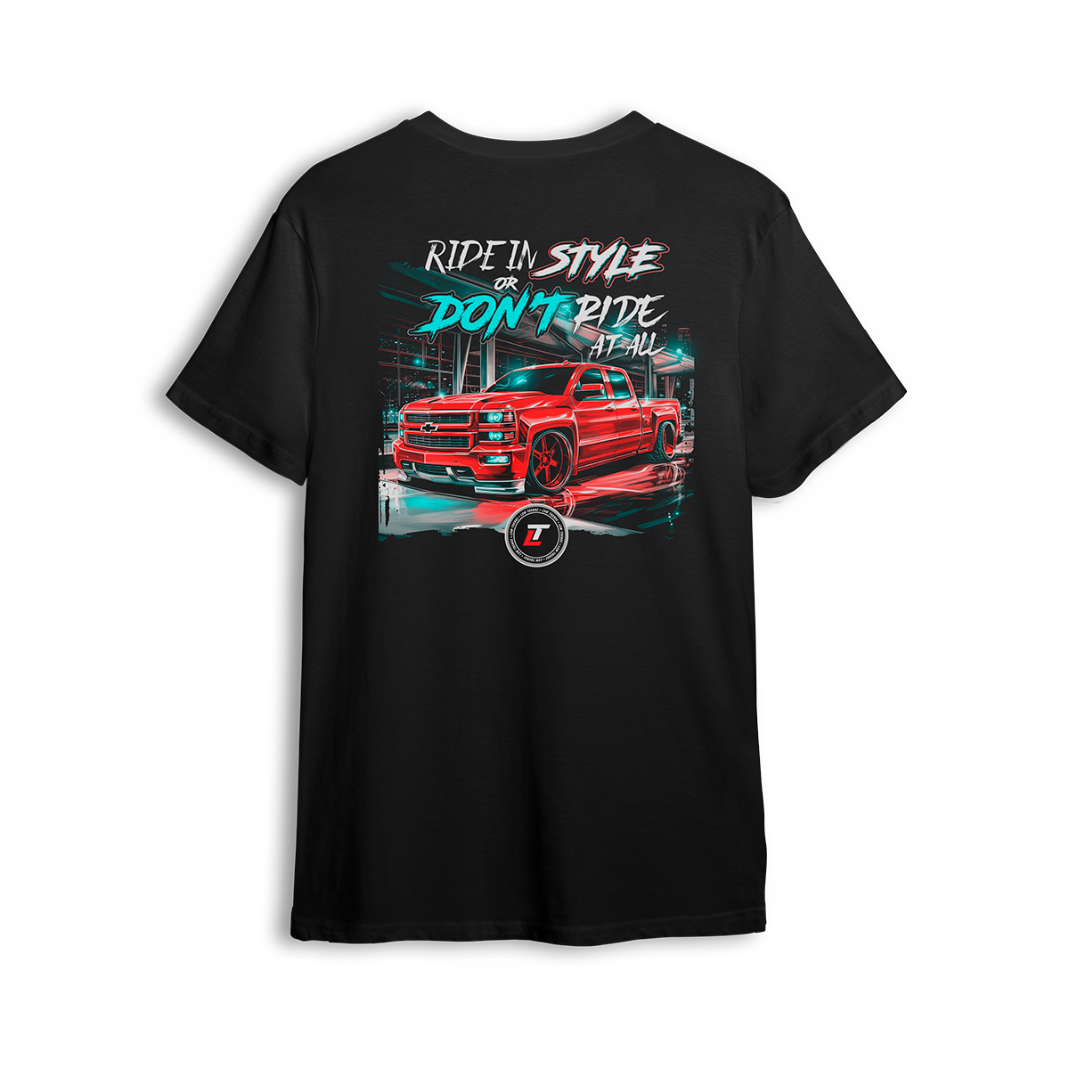 T-shirt featuring a fire-red slammed Chevy with glossy black wheels under city lights, accented by neon strokes and bold urban glow. “Ride in Style or Don’t Ride at All” text up top makes this t-shirt a statement for bold builders and late-night cruisers.