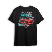 T-shirt featuring a fire-red slammed Chevy with glossy black wheels under city lights, accented by neon strokes and bold urban glow. “Ride in Style or Don’t Ride at All” text up top makes this t-shirt a statement for bold builders and late-night cruisers.