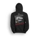 Hoodie featuring a slammed silver C10 and murdered-out OBS truck in a bold drag-ready layout with burnout marks and street-style font. The Running the Streets hoodie captures boosted attitude, full-send energy, and late-night racing vibes.