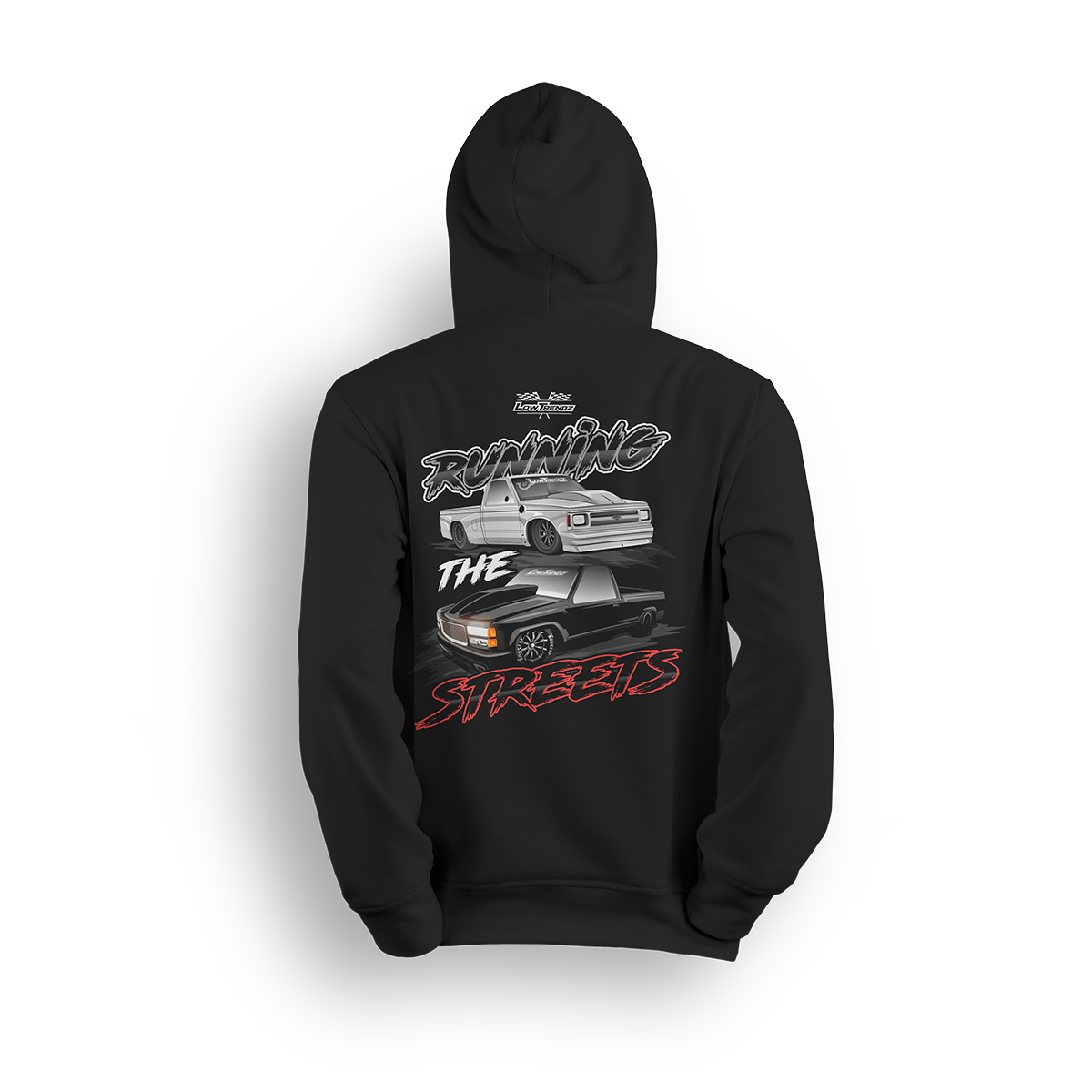 Hoodie featuring a slammed silver C10 and murdered-out OBS truck in a bold drag-ready layout with burnout marks and street-style font. The Running the Streets hoodie captures boosted attitude, full-send energy, and late-night racing vibes.