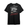 T-shirt featuring a slammed silver C10 and murdered-out OBS truck in a bold drag-ready layout with burnout marks and street-style font. The Running the Streets t-shirt captures boosted attitude, full-send energy, and late-night racing vibes.