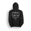 Hoodie featuring a slammed Chevy truck running static, framed in a retro-style badge with pinstripe accents and bold “Static” lettering. The Static hoodie is a raw, no-air statement piece for static riders who drag frame and stay planted.