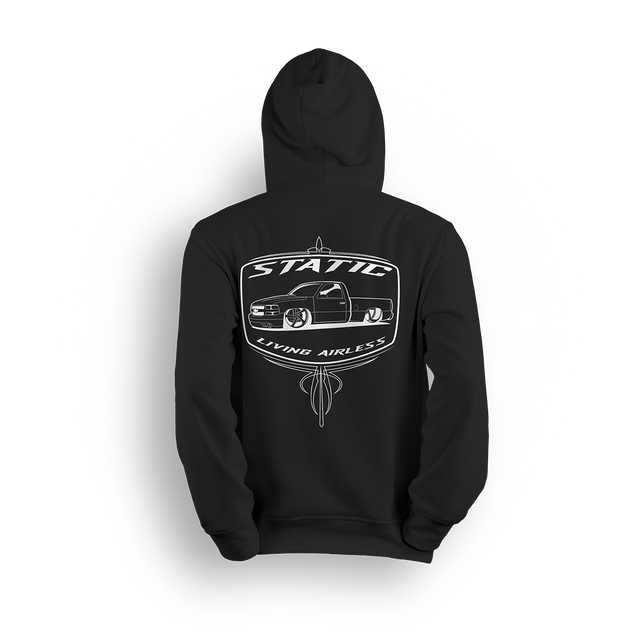 Hoodie featuring a slammed Chevy truck running static, framed in a retro-style badge with pinstripe accents and bold “Static” lettering. The Static hoodie is a raw, no-air statement piece for static riders who drag frame and stay planted.