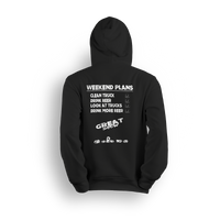 Hoodie featuring a truck scene weekend checklist: clean the truck, crush beers, admire builds, drink more beers. Stamped with the “GREAT SHOW” logo and a burnout-ready wheel lineup, the Weekend Plans hoodie brings full truck meet vibes.