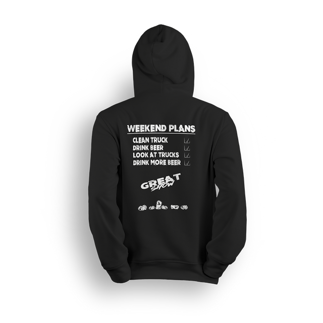 Hoodie featuring a truck scene weekend checklist: clean the truck, crush beers, admire builds, drink more beers. Stamped with the “GREAT SHOW” logo and a burnout-ready wheel lineup, the Weekend Plans hoodie brings full truck meet vibes.