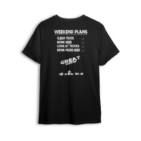 T-shirt featuring a truck scene weekend checklist: clean the truck, crush beers, admire builds, drink more beers. Stamped with the “GREAT SHOW” logo and a burnout-ready wheel lineup, the Weekend Plans t-shirt brings full truck meet vibes.