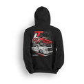 Hoodie featuring a slammed white Ford truck and a lifted red Ford truck with bold red-and-black graphics and an oversized LT badge. The Highs & Lows hoodie celebrates both ends of the custom Ford scene with loud, show-ready energy.